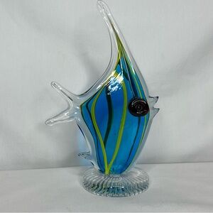 Art Glass Hand Blown Murano Style Paperweight Bright Blue & Yellow Fish